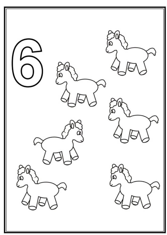 Número 6 con caballos para colorir