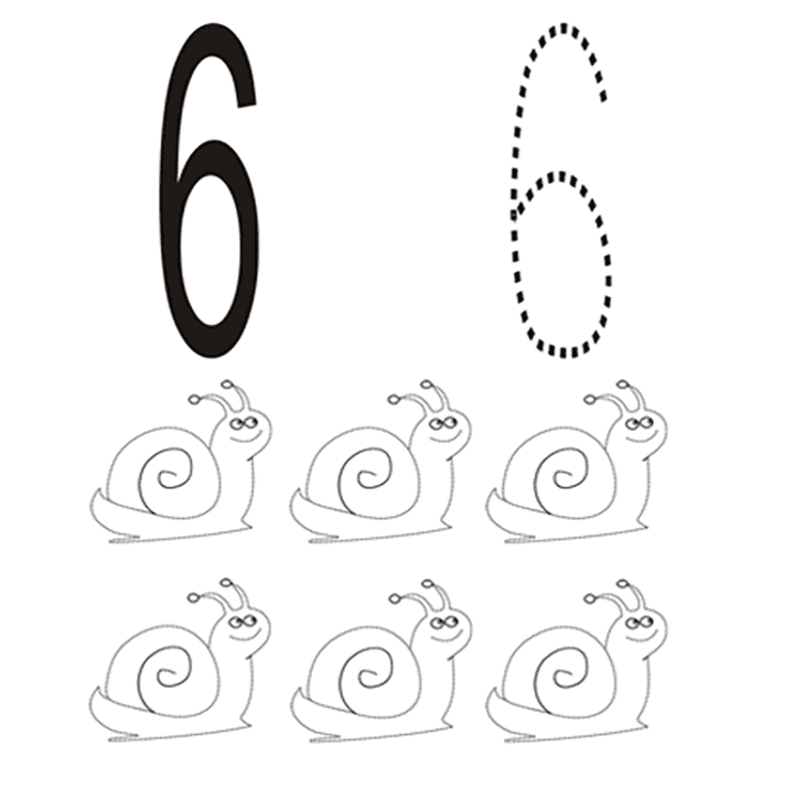 Dibujos de Número 6 con caracoles para colorear