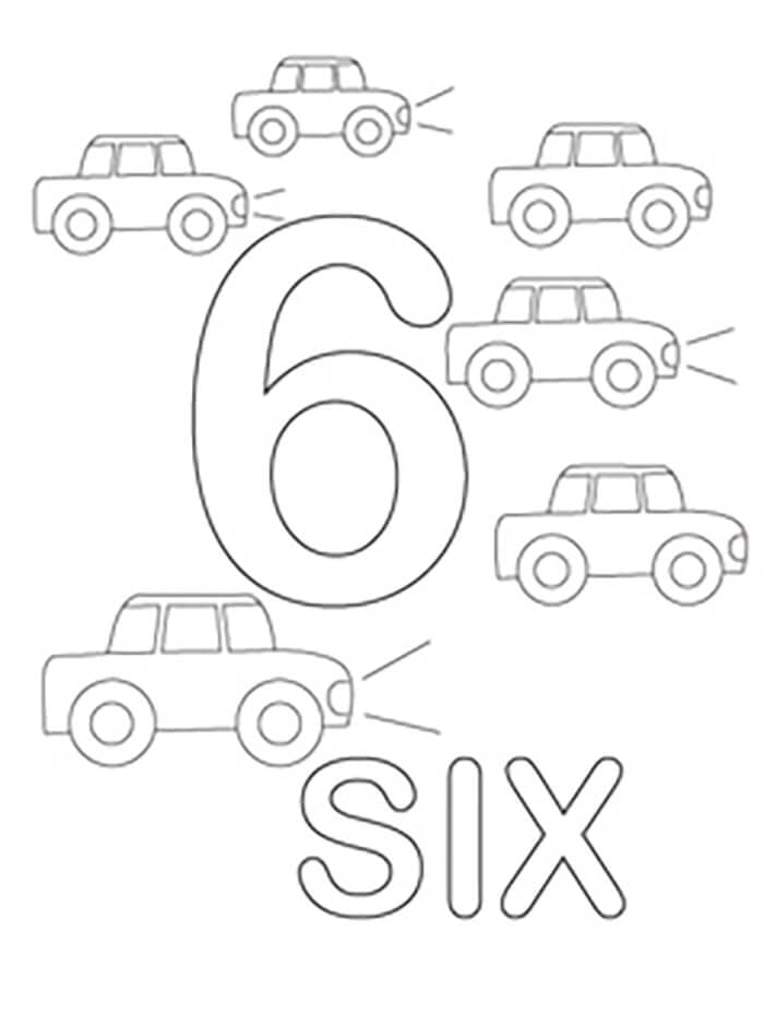 Dibujos de Número 6 con coches para colorear