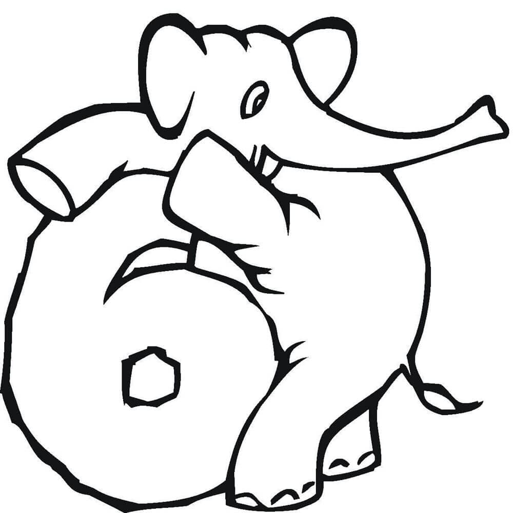 Dibujos de Número 6 con elefante para colorear