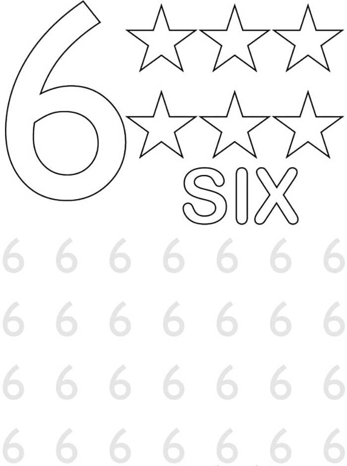 Número 6 con estrellas y trazado para colorir