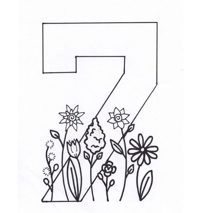 Número 7 con flores para colorir