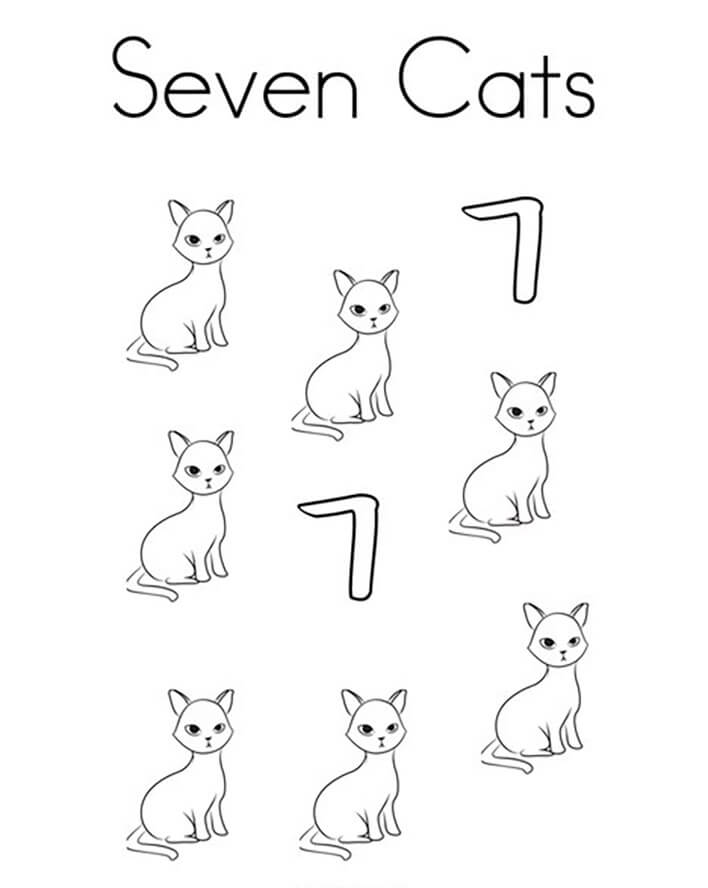 Número 7 con gatos para colorir