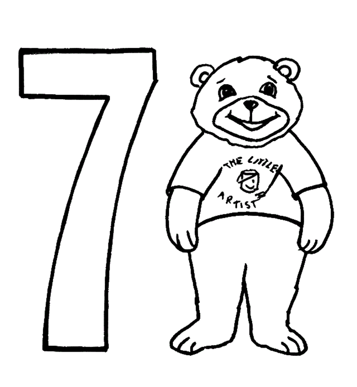 Número 7 con oso para colorir
