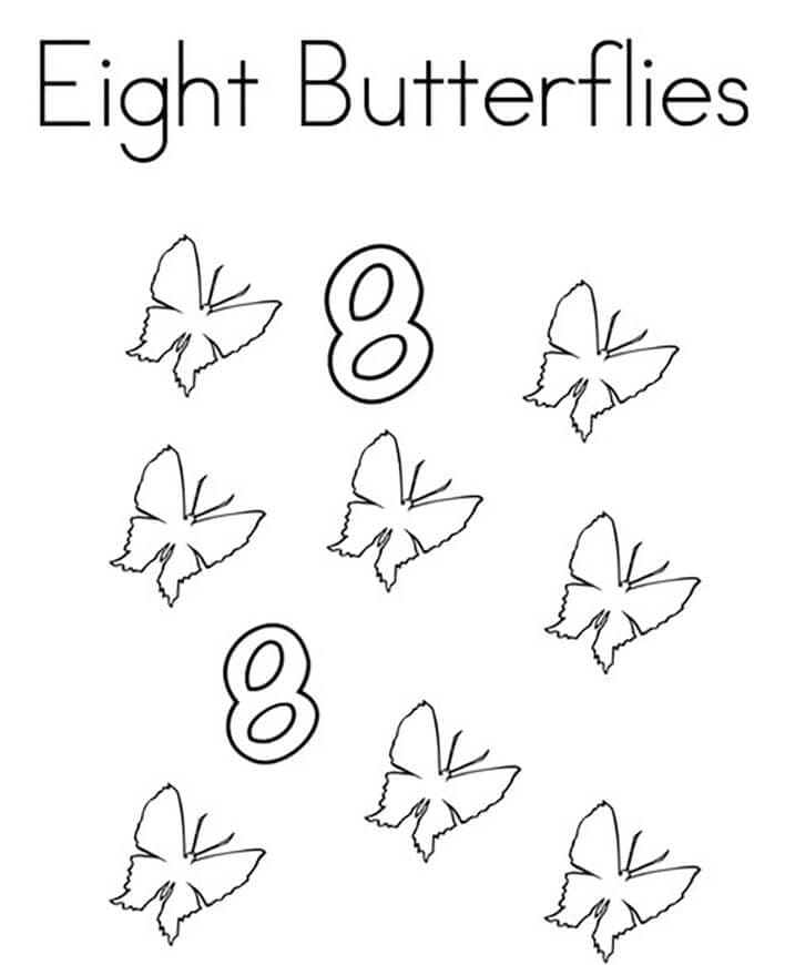 Dibujos de Número 8 con mariposas para colorear
