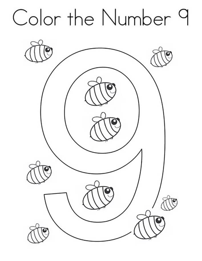 Número 9 con abejas para colorir