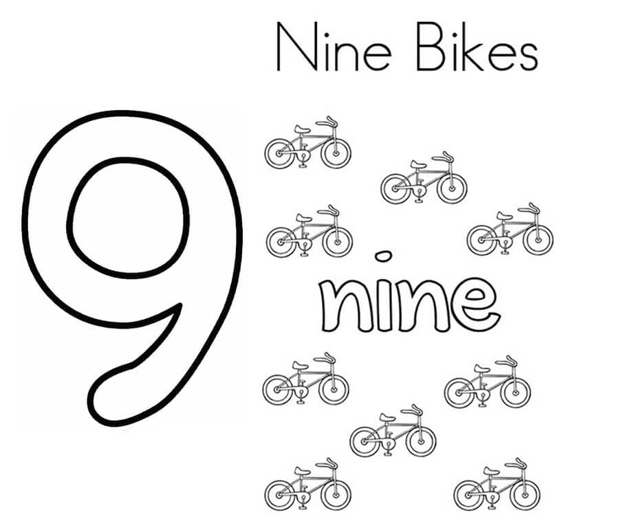 Número 9 con bicicletas para colorir