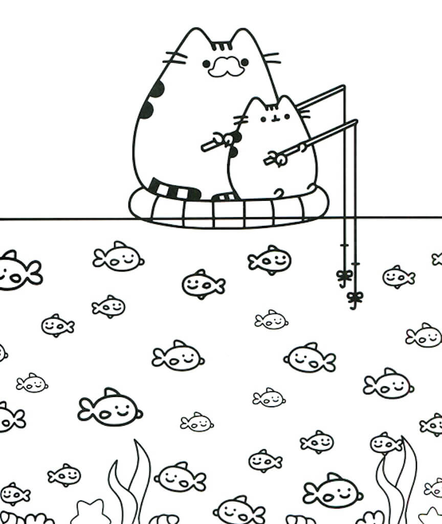 Dibujos de Padre e hijo Pusleen Cat Go Pesca Kawaii para colorear