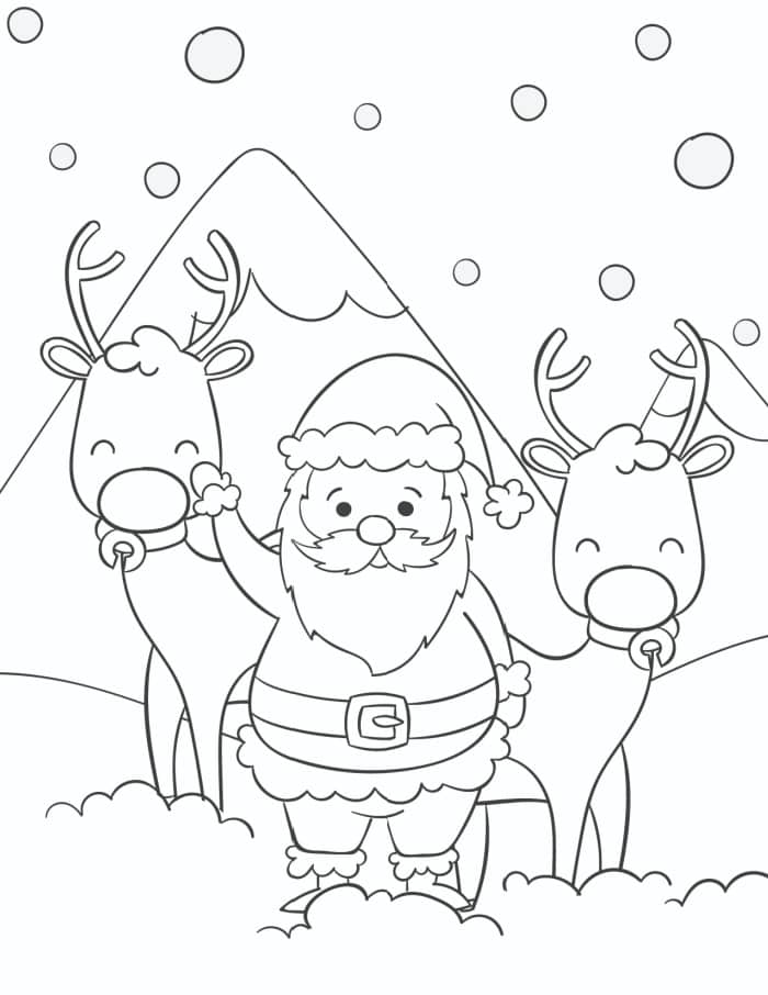 Dibujos de Papá Noel y dos Renos para colorear