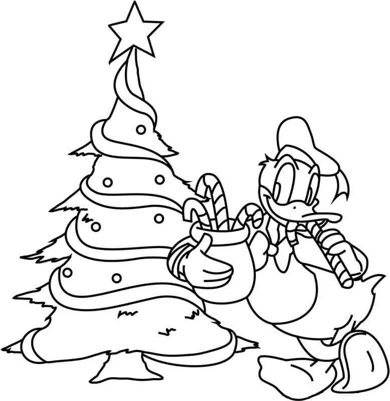 Dibujos de Pato Donald y Árbol de Navidad para colorear