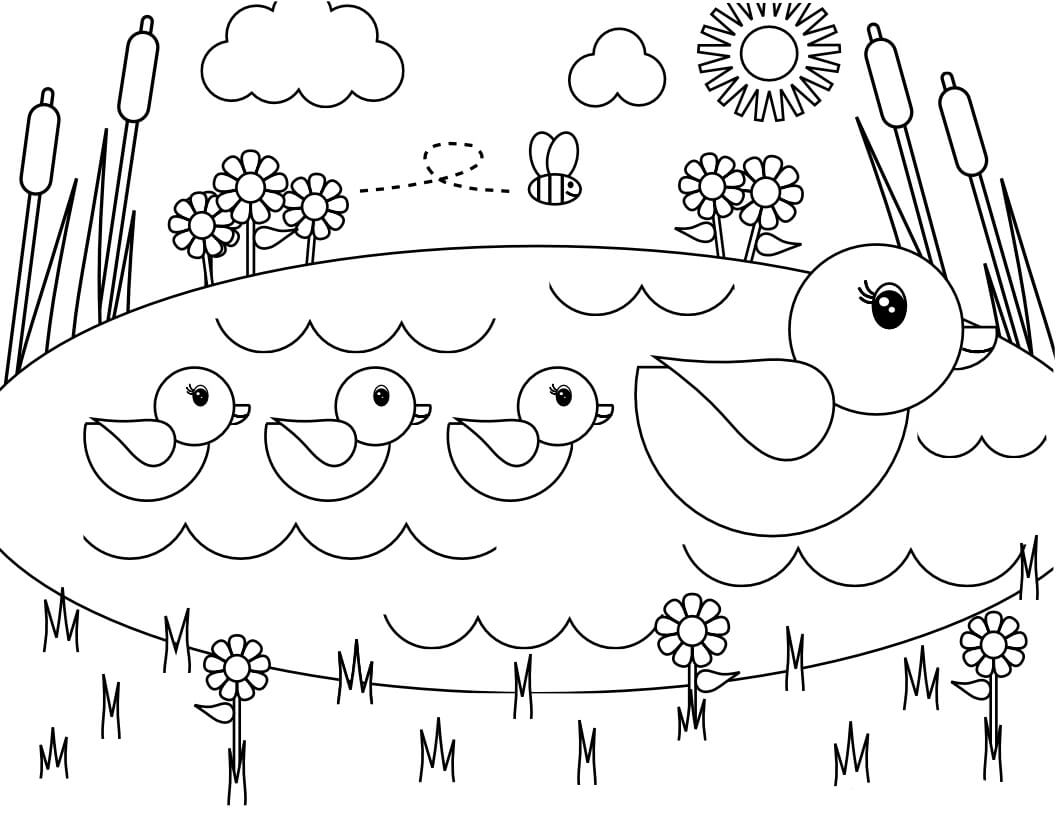 Dibujos de Pato Familiar en Primavera para colorear
