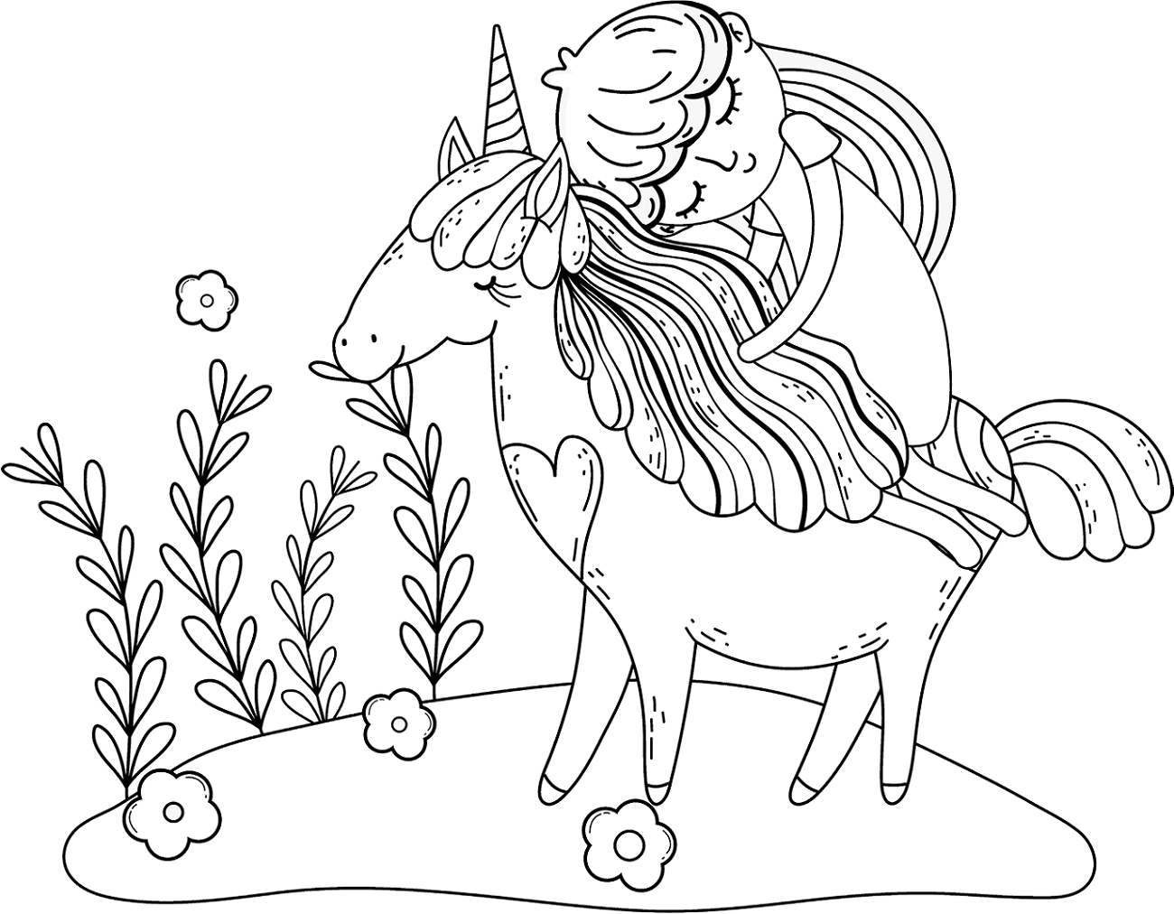 Dibujos de Pequeña Princesa Durmiendo en Unicornio para colorear