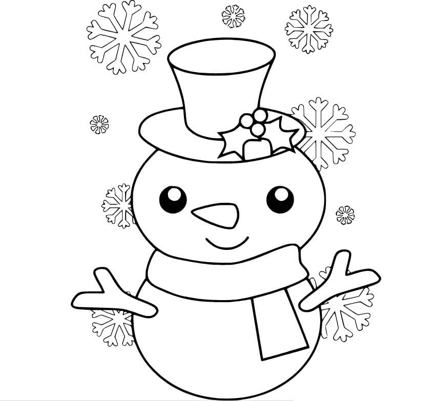 Dibujos de Pequeño y lindo muñeco de nieve y copos de nieve para colorear