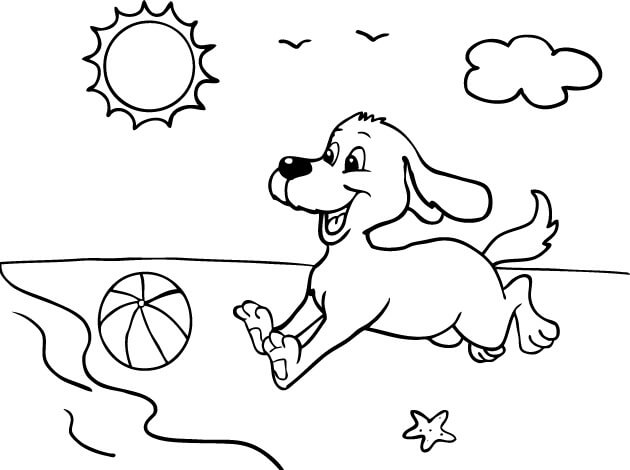 Dibujos de Perro Jugando con la Pelota en la Playa para colorear