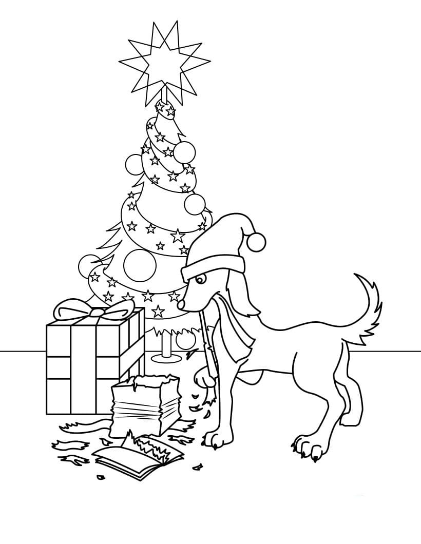 Dibujos de Perros y regalos de Navidad para colorear