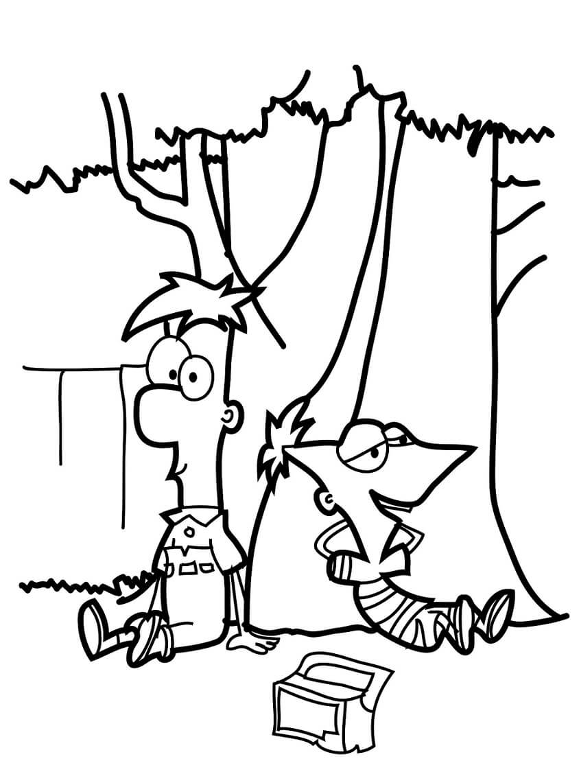 Dibujos de Phineas y Ferb bajo el árbol para colorear