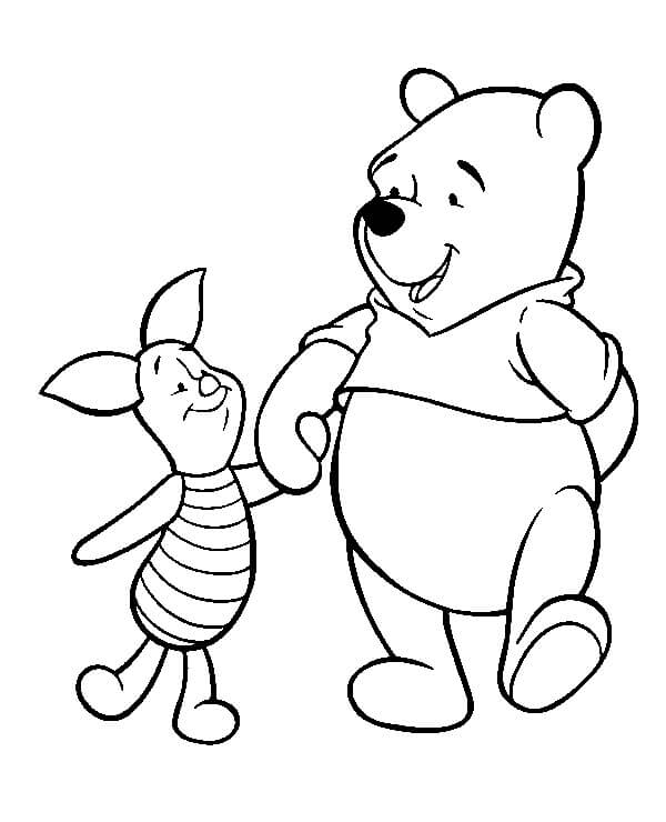 Piglet y Pooh cogidos de la Mano para colorir
