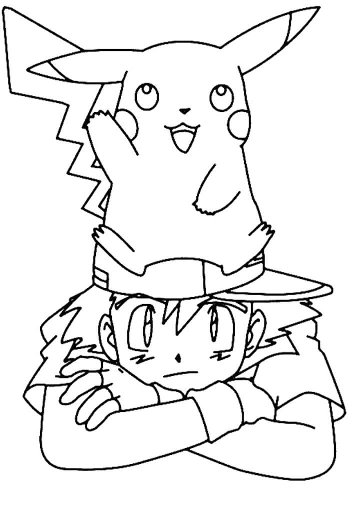 Dibujos de Pikachu sentado en la Cabeza de Satoshi para colorear