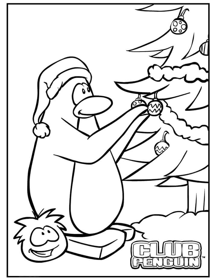 Dibujos de Pingüino con árbol de Navidad para colorear
