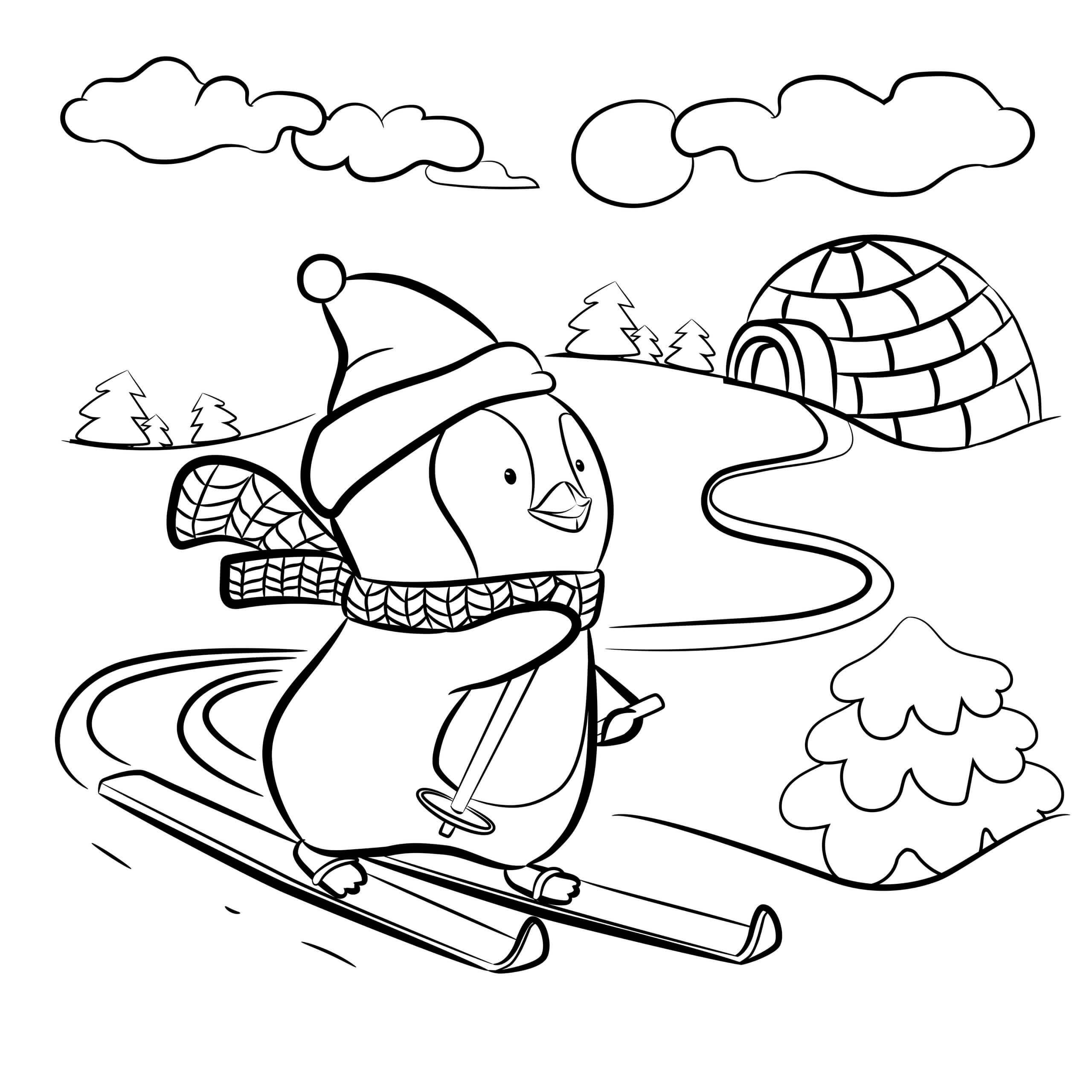 Dibujos de Pingüino de Dibujos Animados de Esquí para colorear
