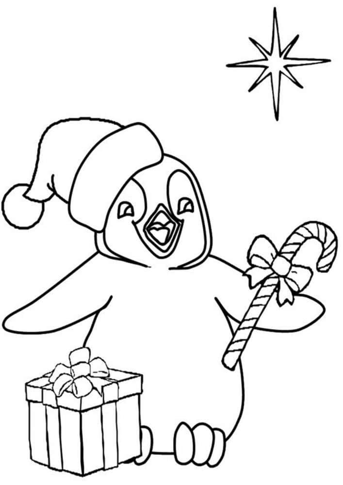 Dibujos de Pingüino de Navidad con caja de Regalo para colorear