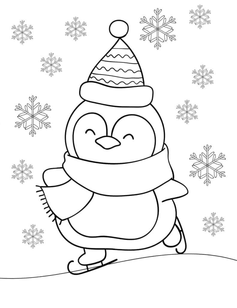 Dibujos de Pingüino Esquiando con Copos de Nieve para colorear
