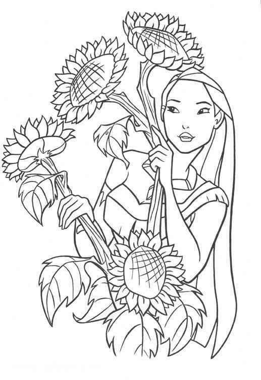 Dibujos de Pocahontas con Girasoles para colorear