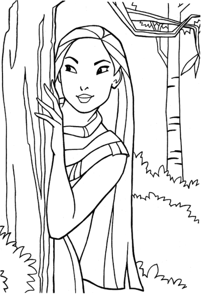 Dibujos de Pocahontas Detrás del Árbol para colorear
