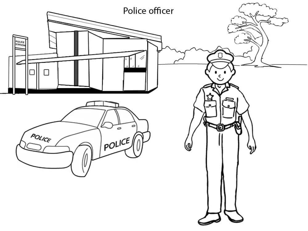 Policía y Coche de Policía en la Comisaría para colorir
