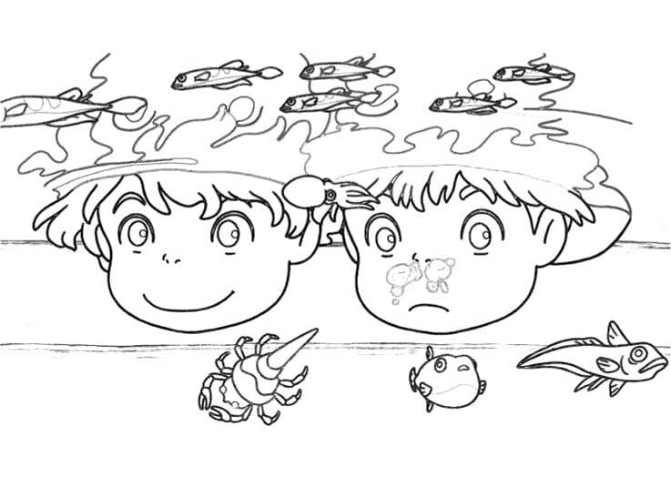 Dibujos de Ponyo sencillo en niños para colorear