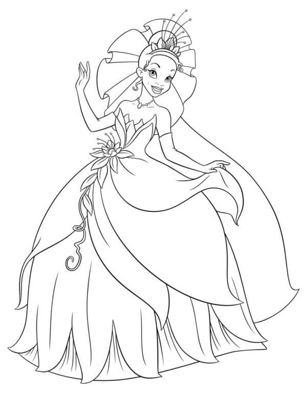 Dibujos de Princesa Tiana Con Flores para colorear