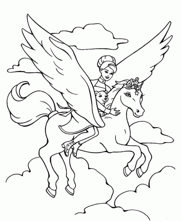 Dibujos de Princesa y Perro Montando un Caballo Volador para colorear
