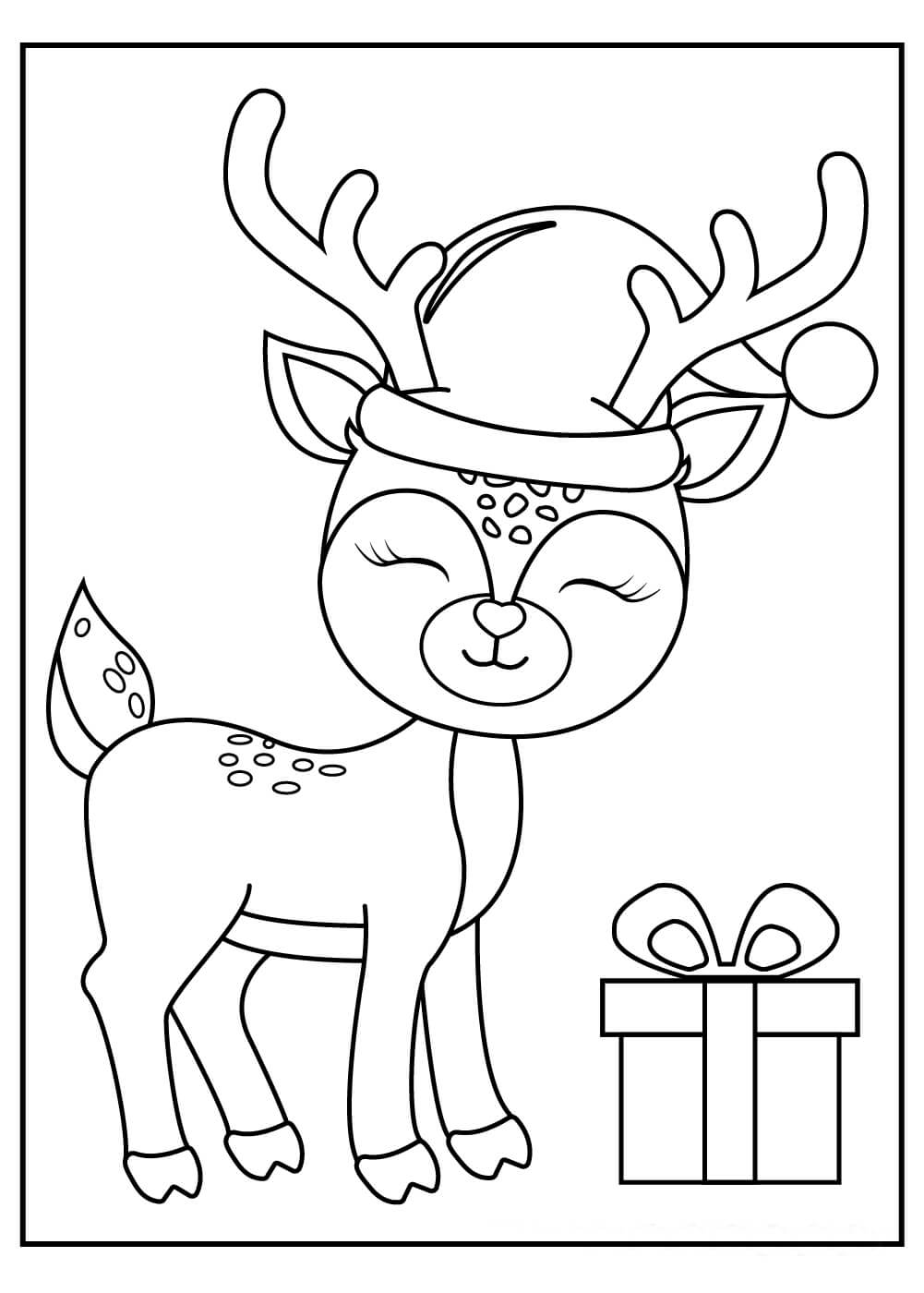 Dibujos de Reno de Navidad y Caja de Regalo para colorear