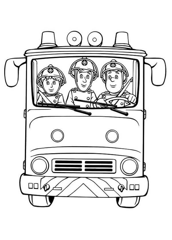 Dibujos de Sam el Bombero y sus Compañeros de Equipo en un Camión de Bomberos para colorear