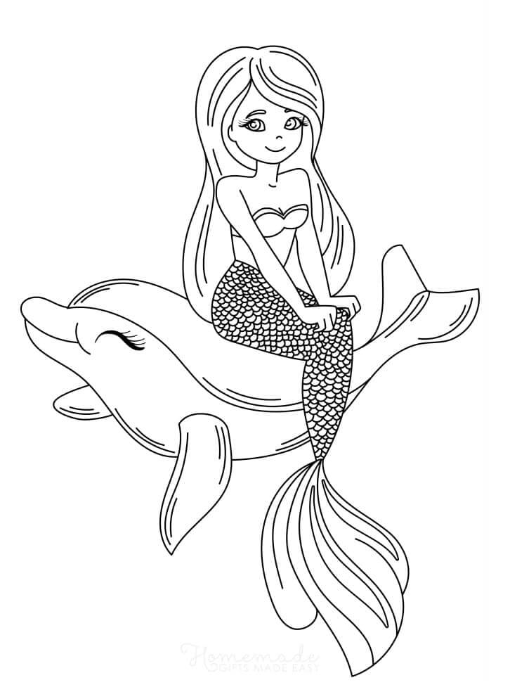 Dibujos de Sirena Sentada sobre Delfines para colorear