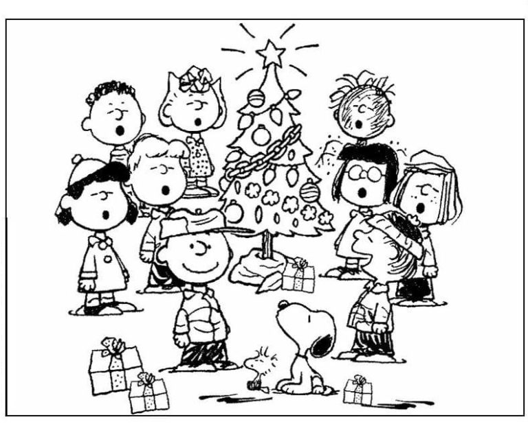 Dibujos de Snoopy Con Amigos en el Árbol de Navidad para colorear