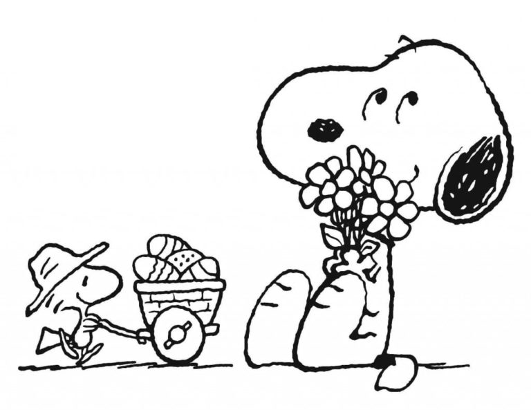 Snoopy Con un Ramo De Flores para colorir