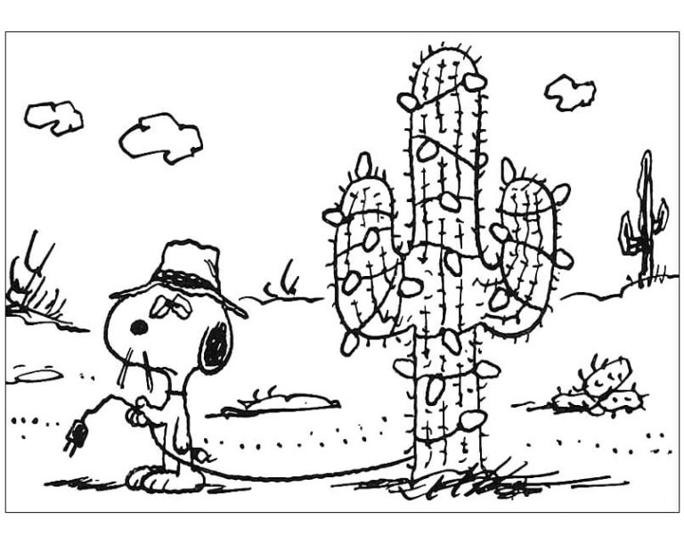 Dibujos de Snoopy le Puso Una Guirnalda a un Cactus para colorear