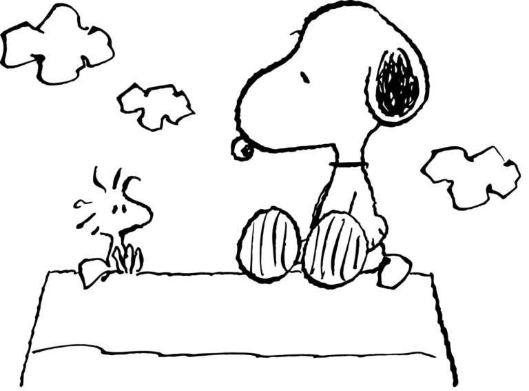 Dibujos de Snoopy y Woodstock Están Sentados En El Techo para colorear