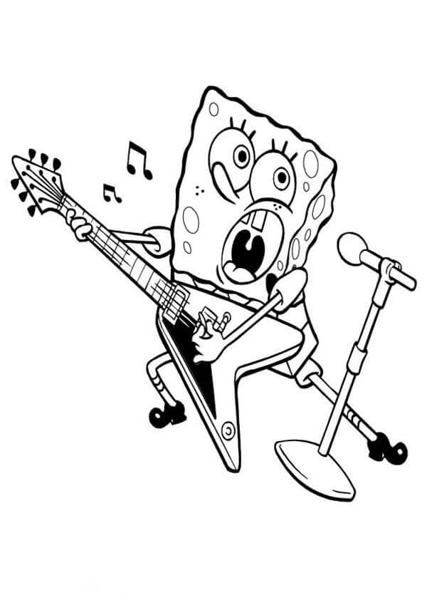 Dibujos de Sponge Bob está Tocando la Guitarra y Canta para colorear