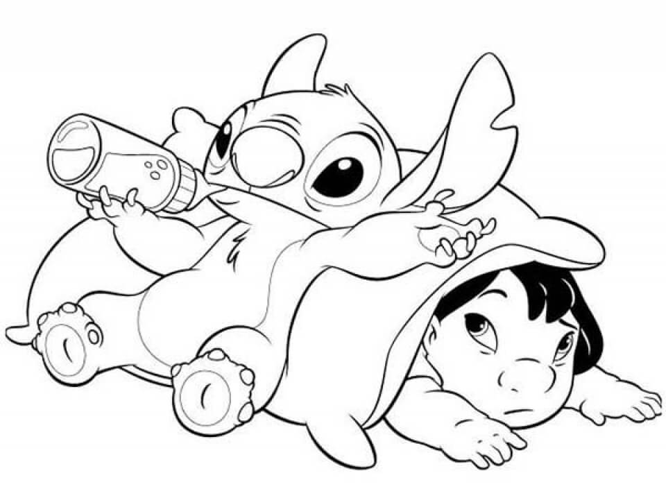 Dibujos de Stitch bebe Leche con Lilo para colorear