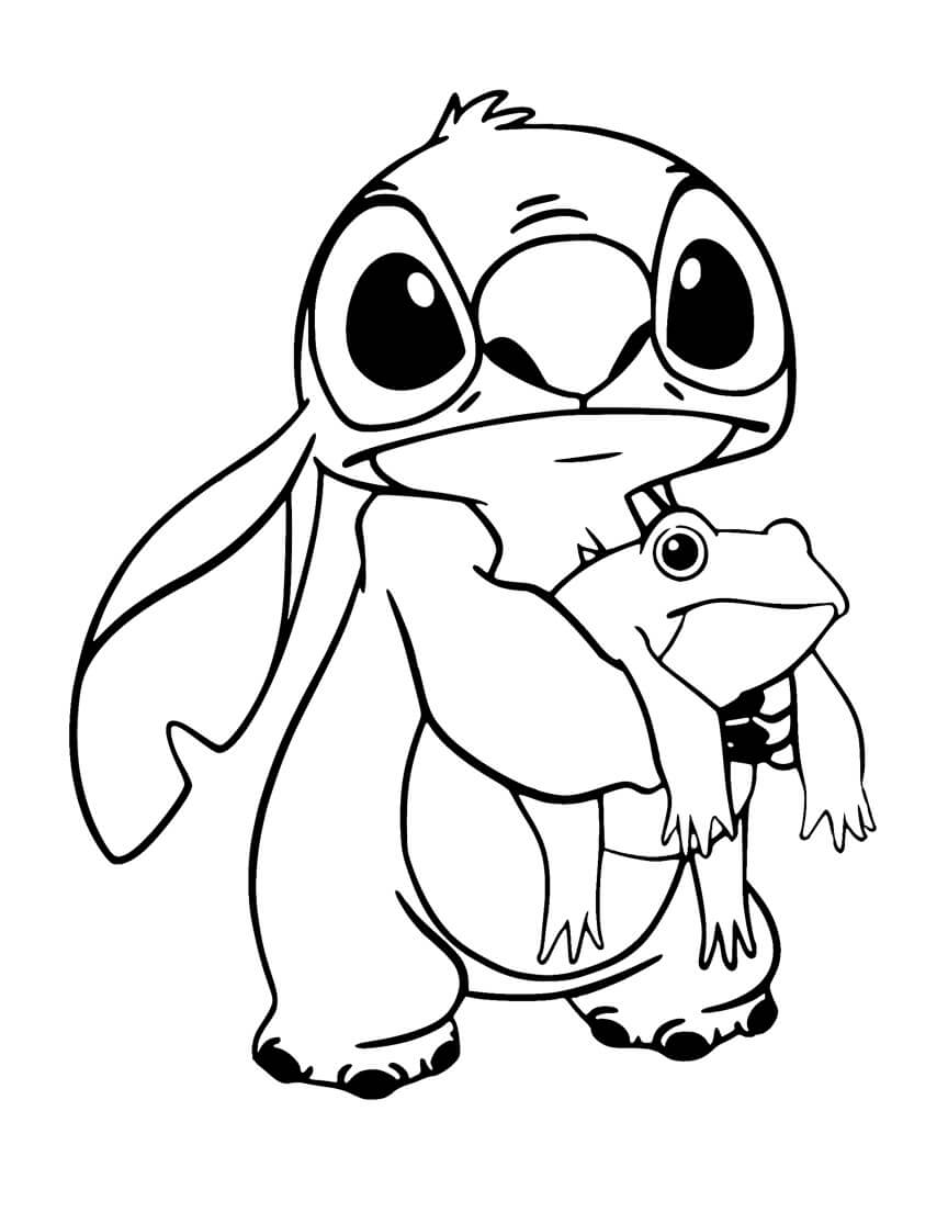 Dibujos de Stitch sosteniendo Rana para colorear