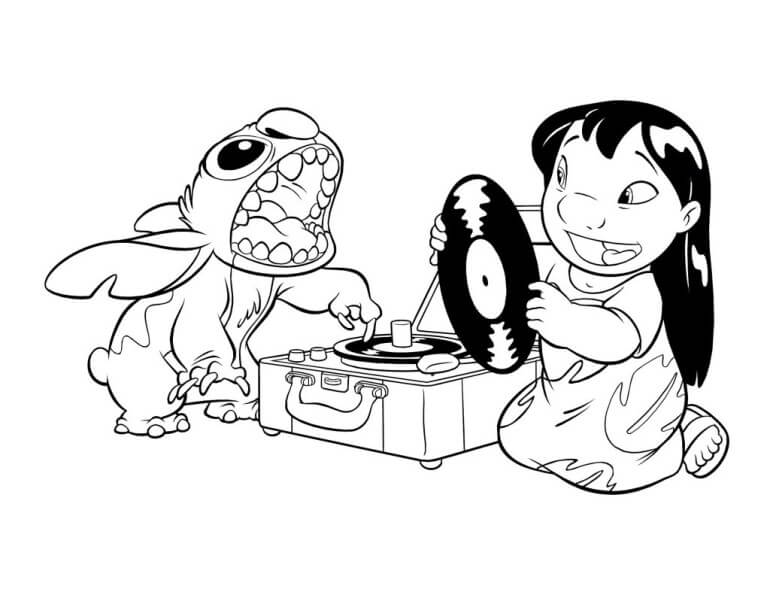 Dibujos de Stitch y Lilo Escuchan Música para colorear