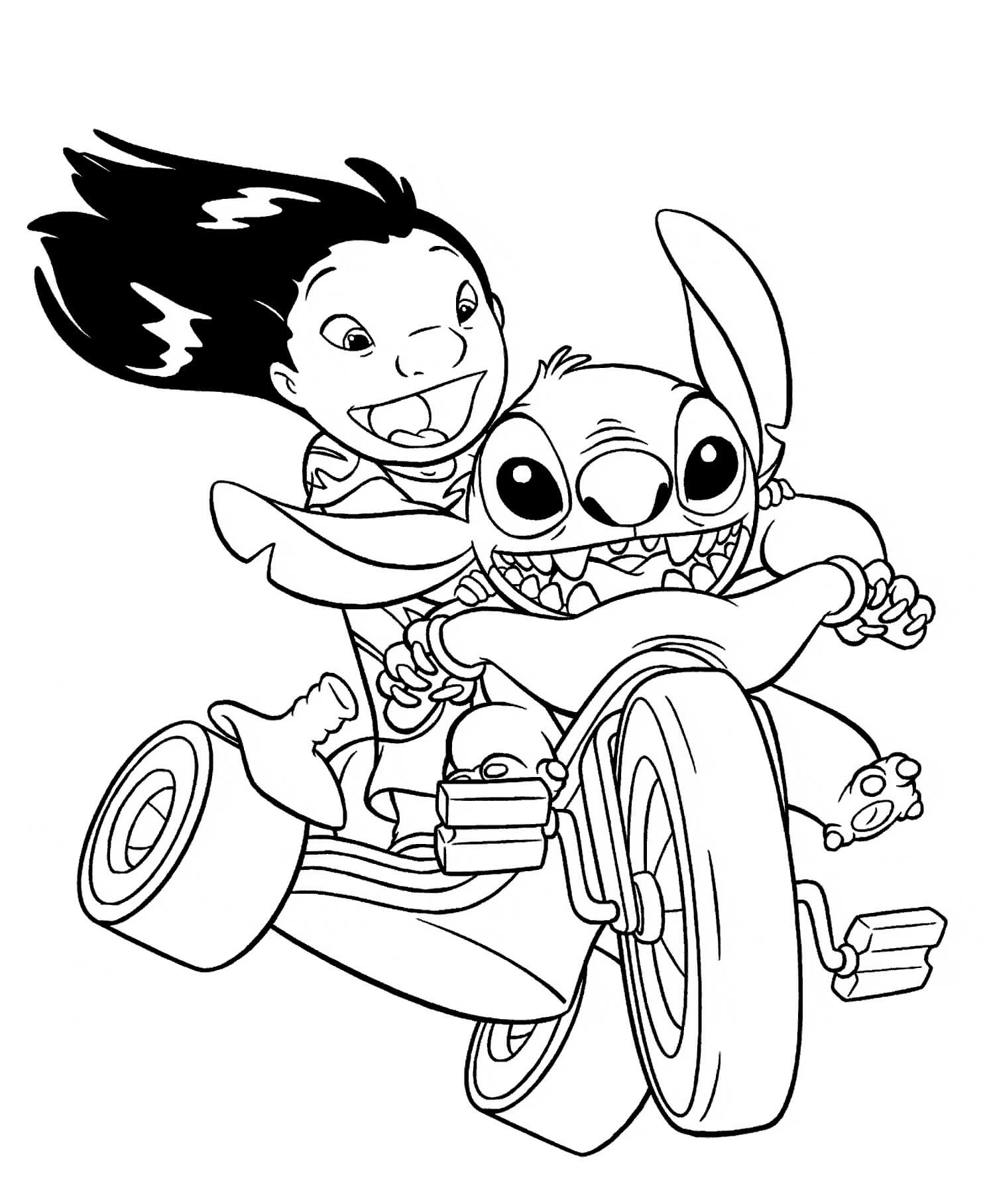 Dibujos de Stitch y Lilo montan Bicicletas Juntos para colorear