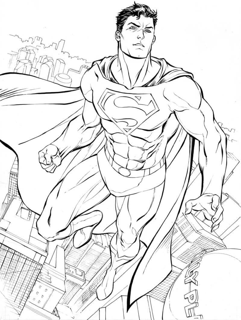 Superman Volando en la Ciudad para colorir