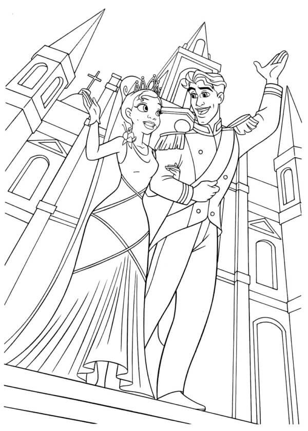 Dibujos de Tiana Con El Príncipe y El Castillo para colorear