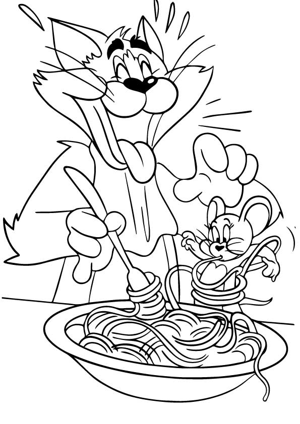 Tom Y Jerry Comiendo Fideos para colorir