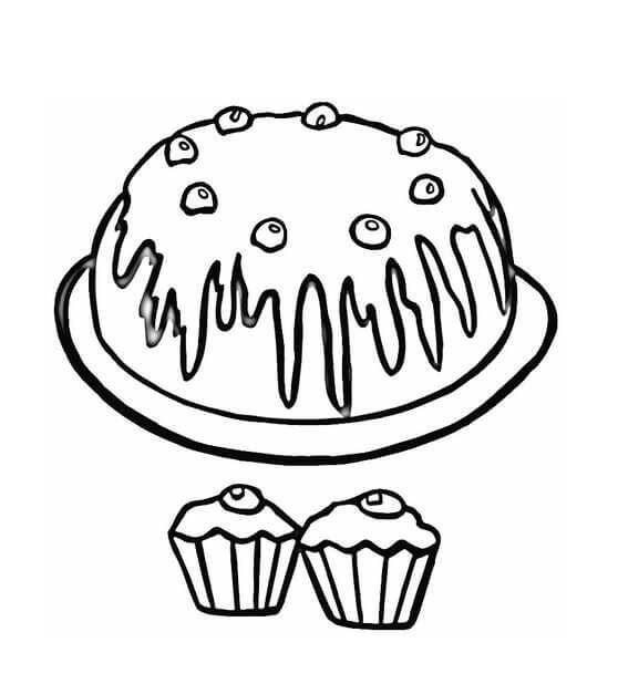 Dibujos de Torta de Cumpleaños y Dos Cupcakes para colorear