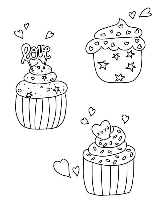 Tres cupcakes en San Valentín para colorir