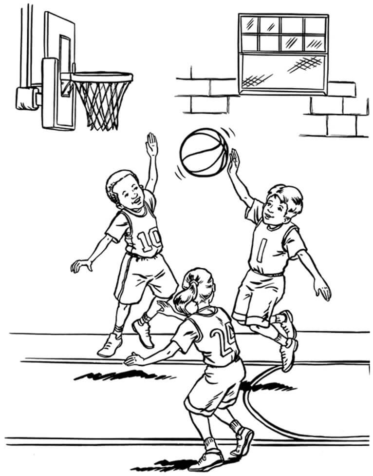 Dibujos de Tres Niños jugando Baloncesto para colorear